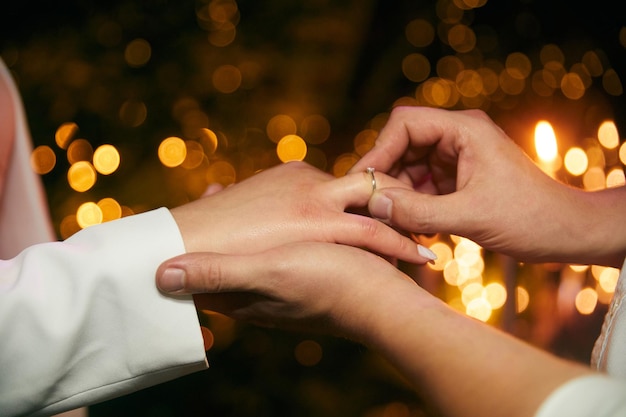 Groom putting the wedding ring on the bride