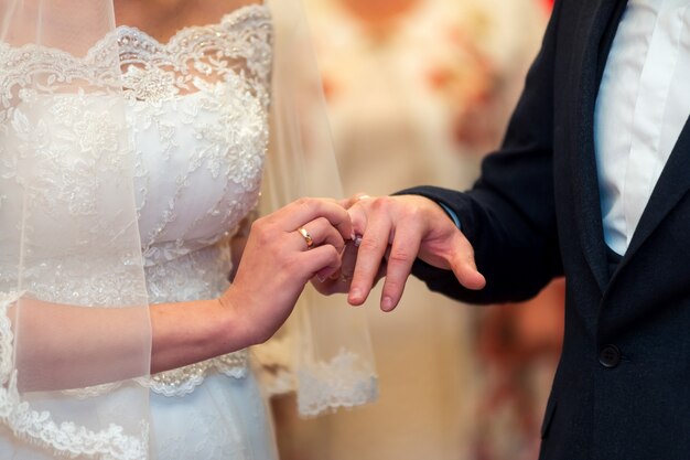 Groom putting a wedding ring on brides finger.