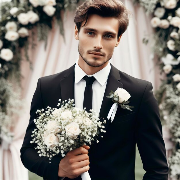 groom standing with wedding bouquet
