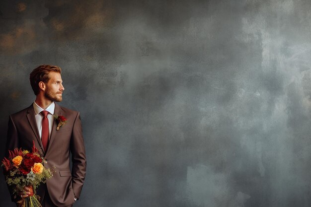 Groom in suit holding a bouquet of flowers looking away thoughtfully