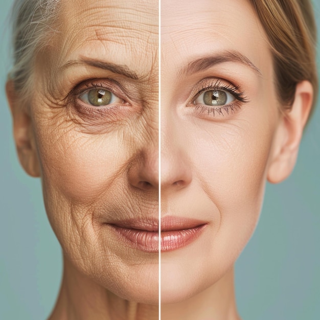 Photo groomed and aged facial skin simultaneously highlighting transformative power of skincare products for youthful radiance and graceful aging comprehensive approach to beauty wellness banner