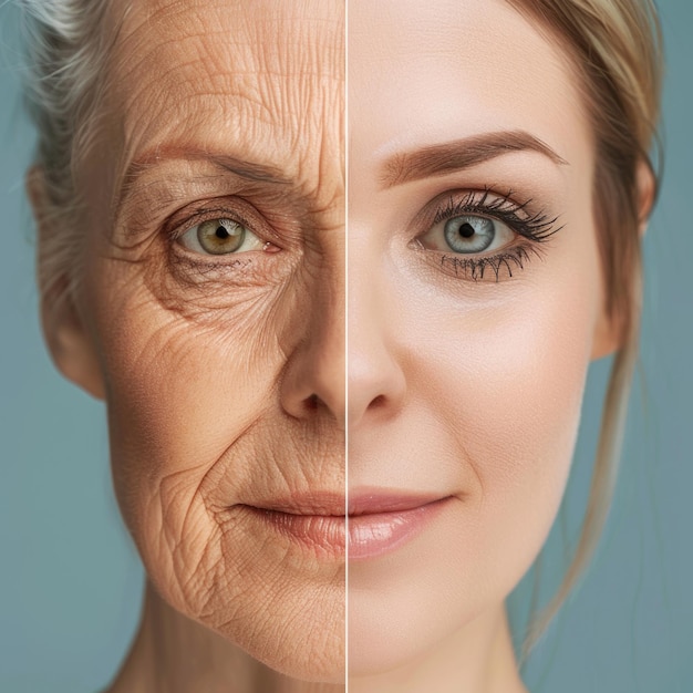 Groomed and aged facial skin simultaneously highlighting transformative power of skincare products for youthful radiance and graceful aging comprehensive approach to beauty wellness banner