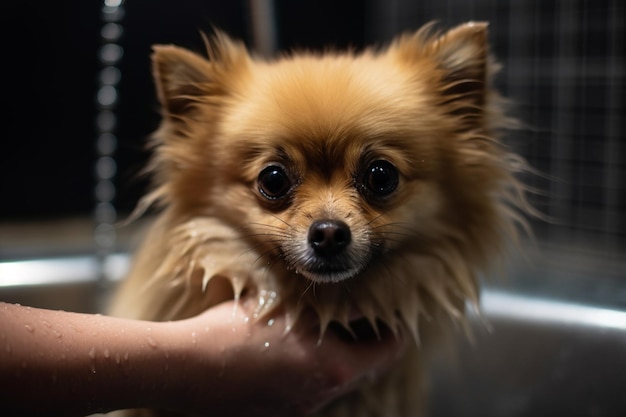 Groomer's handen wassen een Pommerse hond in het bad van de trimsalon