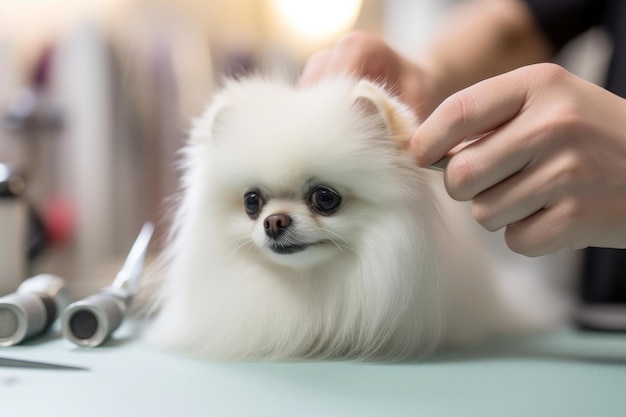 A groomer serves a white Spitz closeup