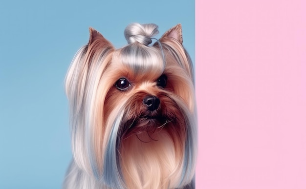 Groomer services concept with dog on blue and pink background with copy space generative ai