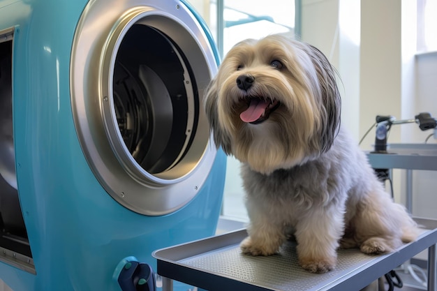 Грумер использует высокоскоростную сушилку для быстрой и эффективной сушки собак Generative AI