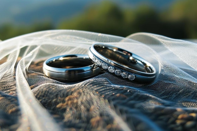 Photo grooms and brides weddings rings are on the bridal veil