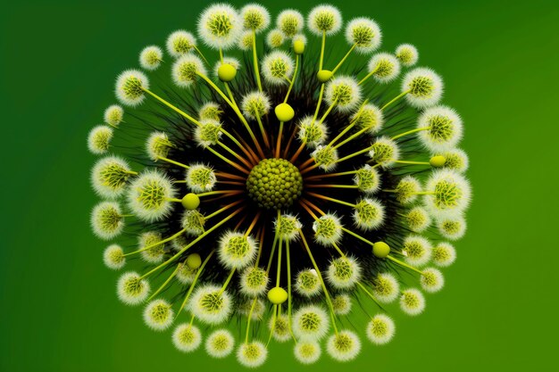 Groot aantal kleine paardebloem met zadenkoppen op groene generatieve ai als achtergrond