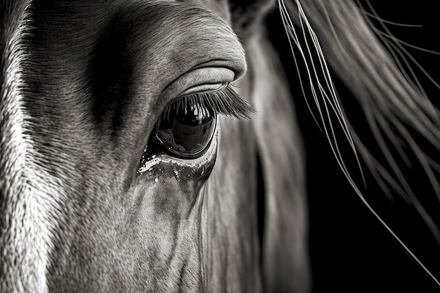 Groot blauw oog met wimpers op zwart paardenportret