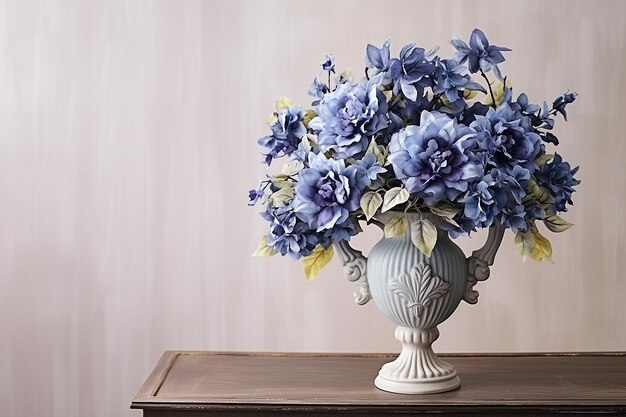 Groot boeket blauwe bloemen op een voetstuk met kopie ruimte kamer met verse rozen