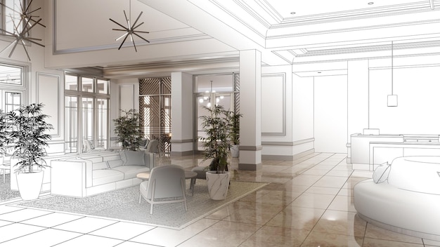 groot en ruim interieur van de lobby in het hotel 3D illustratie cg renderen