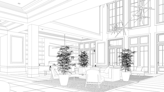 groot en ruim interieur van de lobby in het hotel schets schets illustratie cg render