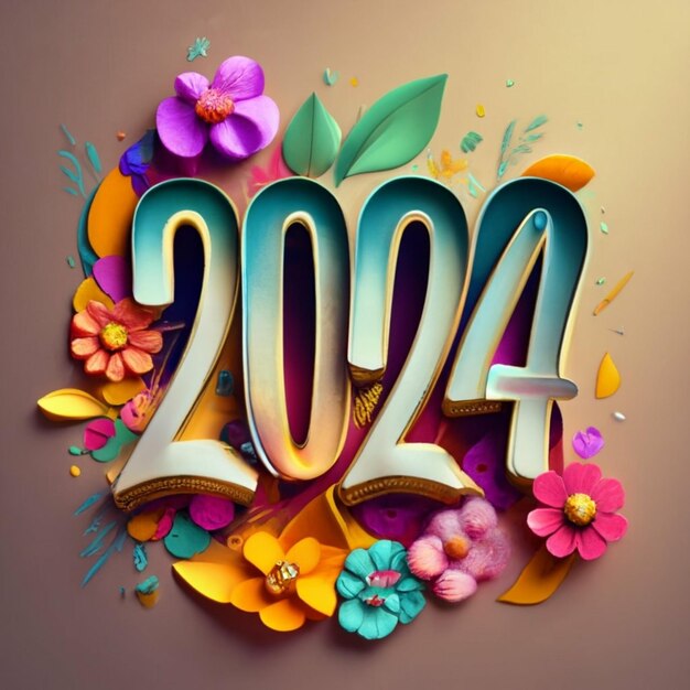 Groot getal 2024 metallic blauw met een bloemrijke achtergrond Nieuwjaarsconcept