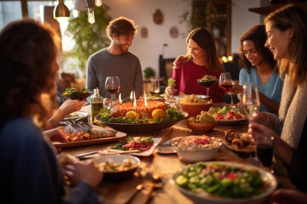 Foto groot gezin en vrienden rond een grote tafel gevuld met veganistisch eten in een feestelijke sfeer