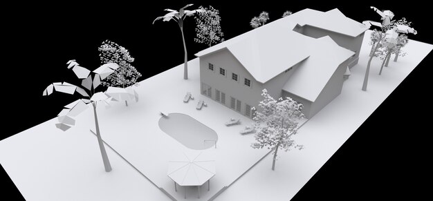 Groot huis met tuin en zwembad. 3d model in wit op een zwarte achtergrond