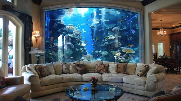 Groot ingebouwd huis aquarium in een luxe woonkamer interieur