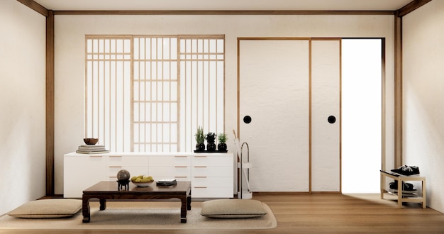 Groot kamerinterieur in moderne woonkamer met zwarte lage tafellampvaas en decor Japanse stijl