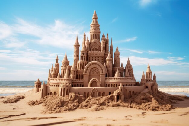 Foto groot kasteel van zand en water.
