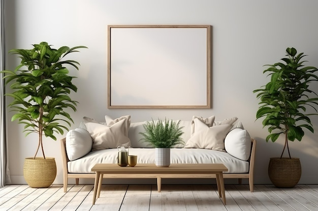 groot leeg frame voor mockup met sofa professionele reclamefotografie AI gegenereerd