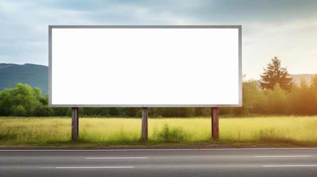 Foto groot leeg wit reclamebord staat langs de weg tegen de achtergrond van de blauwe hemel. kopieer ruimte banner achtergrond voor reclame