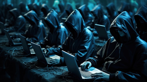 groot leger van hackers die met laptops werken om verschillende activiteiten uit te voeren met betrekking tot cyberaanvallen spionage of cybercrime