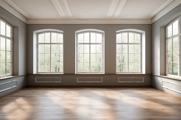 Groot licht en modern interieur van een nieuw appartement met drie hoge ramen