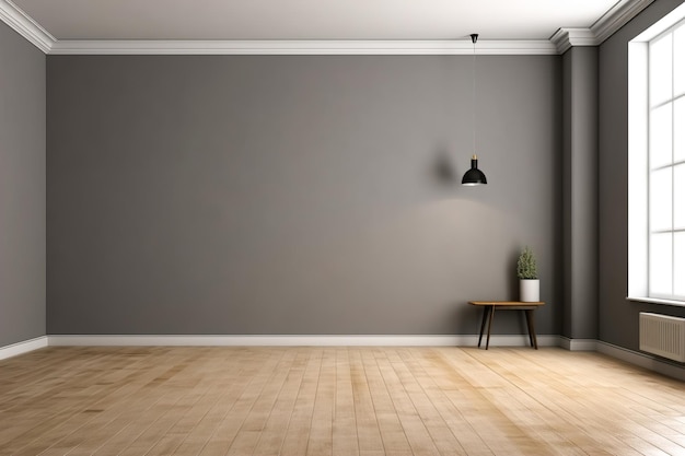 Groot licht en modern interieur van een nieuw appartement met een grote lege grijze muur