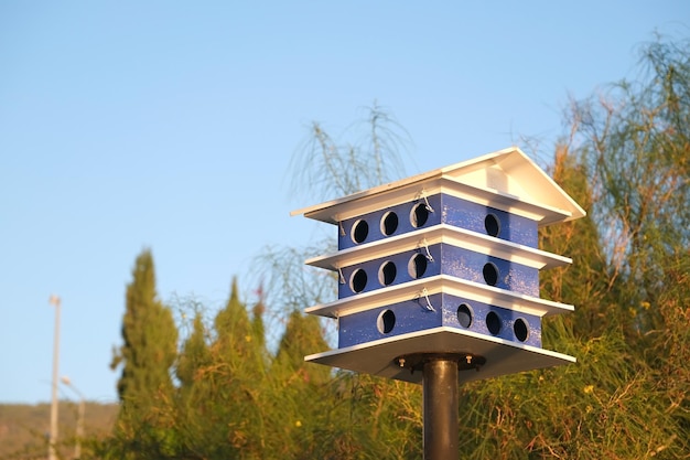 Groot meertraps houten vogelhuisje tegen de lucht en de bomen