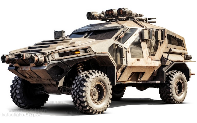 Groot militair voertuig op witte achtergrond krachtig indrukwekkend en klaar voor actie