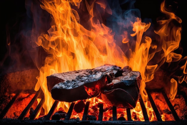 Groot open vuur in brandende kolen voor het grillen van voedsel op de barbecue in de achtertuin