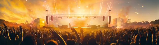 Groot openlucht muziekconcertfestival met gejuichende menigte Scene met zoeklicht kleurrijke confet