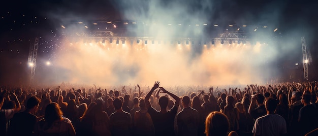 Groot openlucht muziekconcertfestival met gejuichende menigte Scene met zoeklicht kleurrijke confet