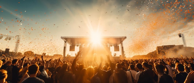 Groot openlucht muziekconcertfestival met gejuichende menigte Scene met zoeklicht kleurrijke confet