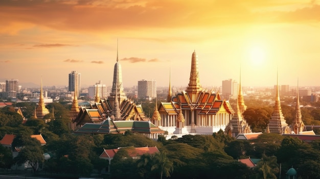 Groot paleis en Wat phra keaw bij zonsondergang Bangkok Thailand Mooie bezienswaardigheid Tempel van de smaragdboeddha Generate Ai