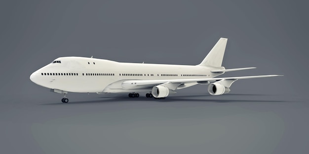 Groot passagiersvliegtuig met grote capaciteit voor lange transatlantische vluchten. Wit vliegtuig op grijze geïsoleerde achtergrond. 3D illustratie.