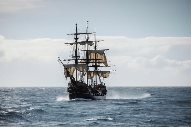 Foto groot piratenschip op de open zee.