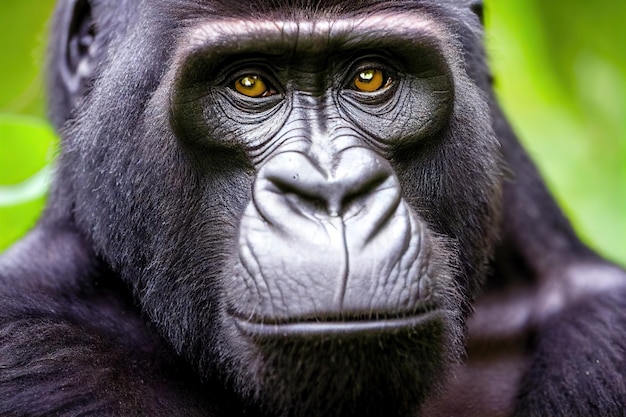 Groot portret van gorilla met pluizige vacht op onscherpe groene achtergrond