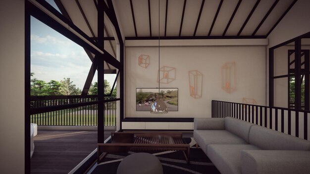 groot raam in de tropische woonkamer 3d illustratie