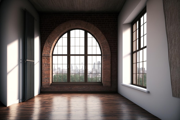 Groot raam in een leegstaande kamer met een loft-ontwerp een eigentijds interieur met een bakstenen muur en een houten vloer