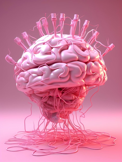 Groot roze menselijk brein met veel audio-jackkabels aangesloten op deze barin 3d render AI Generatief