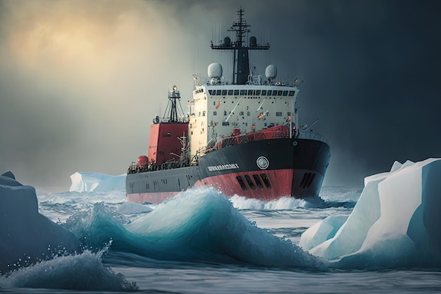 Groot schip met ijsbreker reist op donker water van de Noordelijke IJszee