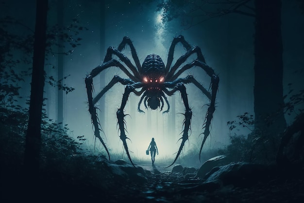 Groot spinmonster in mistig bos 's nachts Arachnofobie en nachtmerrie Generatieve AI-illustratie