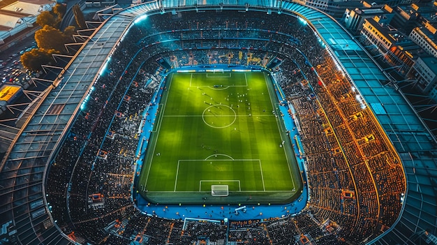 Groot voetbalstadion met lichten onder bewolkte lucht