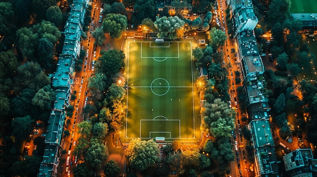 Groot voetbalstadion met lichten onder bewolkte lucht