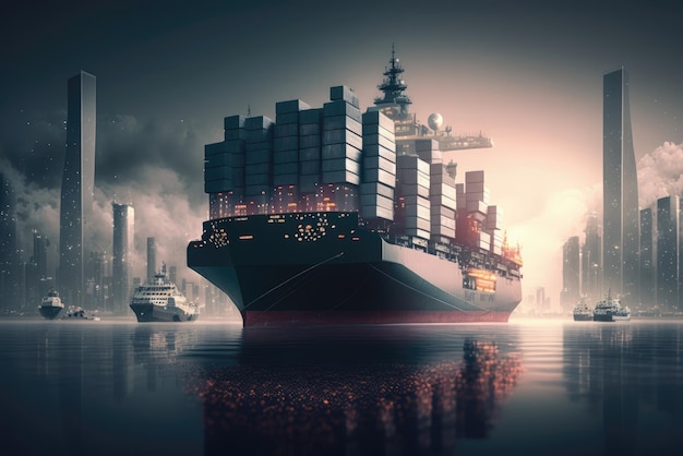 Groot vrachtcontainerschip in de moderne megapolis Generatieve AI