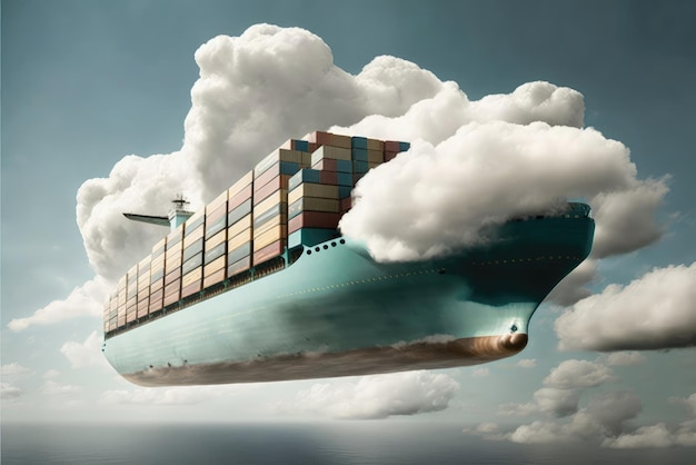 Groot vrachtcontainerschip vliegt in de lucht tussen de wolken Generatieve AI