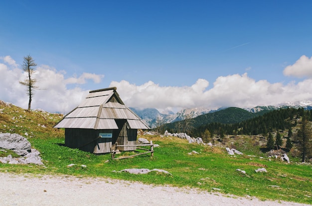 Groot Weilandplateau in Alpen, Slovenië. Berghuisje hut, huis op groene heuvel. Alpenlandschap