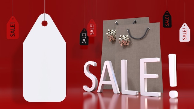 Groot wit leeg prijskaartje dat voor een 3D verkoopteken, boodschappentassen en verkooplabels hangt