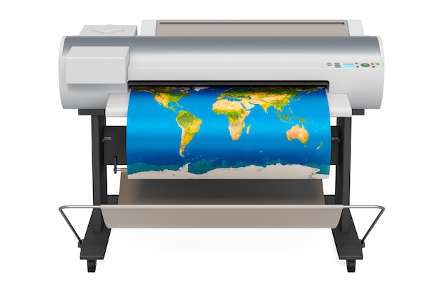 Grootformaat printerplotter met wereldkaart 3D-rendering