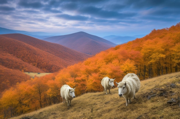 Groothoekbeeld van berggeiten in een kleurrijk herfstlandschap gecreëerd met generatieve ai